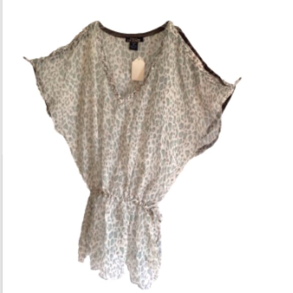 Women's Top/Cover-Up Sz Med Sheer drawstring waist beaded V-Neck/Cold Shoulder - Picture 1 of 12